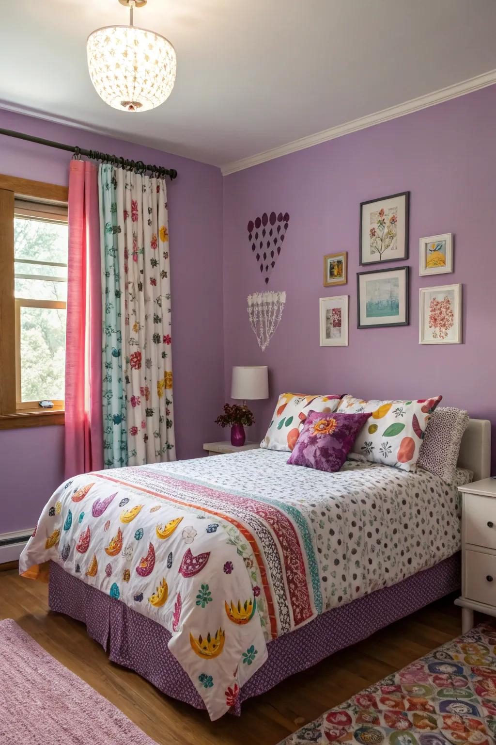 Fun graphics adding visual interest to a purple-themed bedroom.