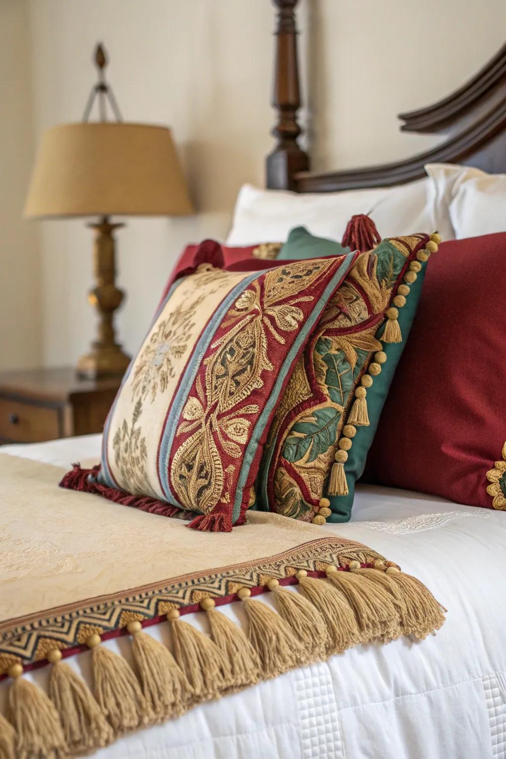 Tassels and fringe add a bohemian flair to pillow arrangements.
