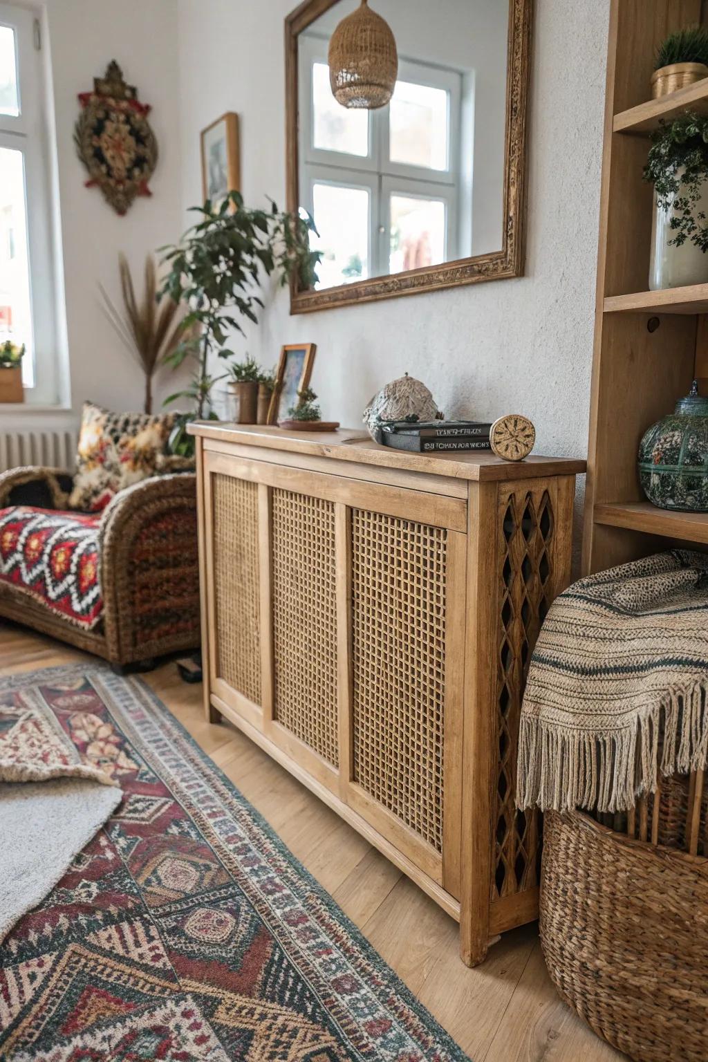 Cane webbing injects a bohemian feel to a radiator enclosure.