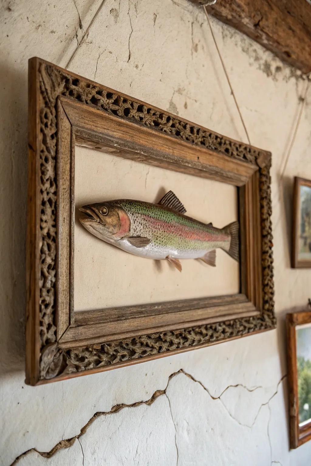 A classic frame lends a timeless charm to the rainbow trout display.
