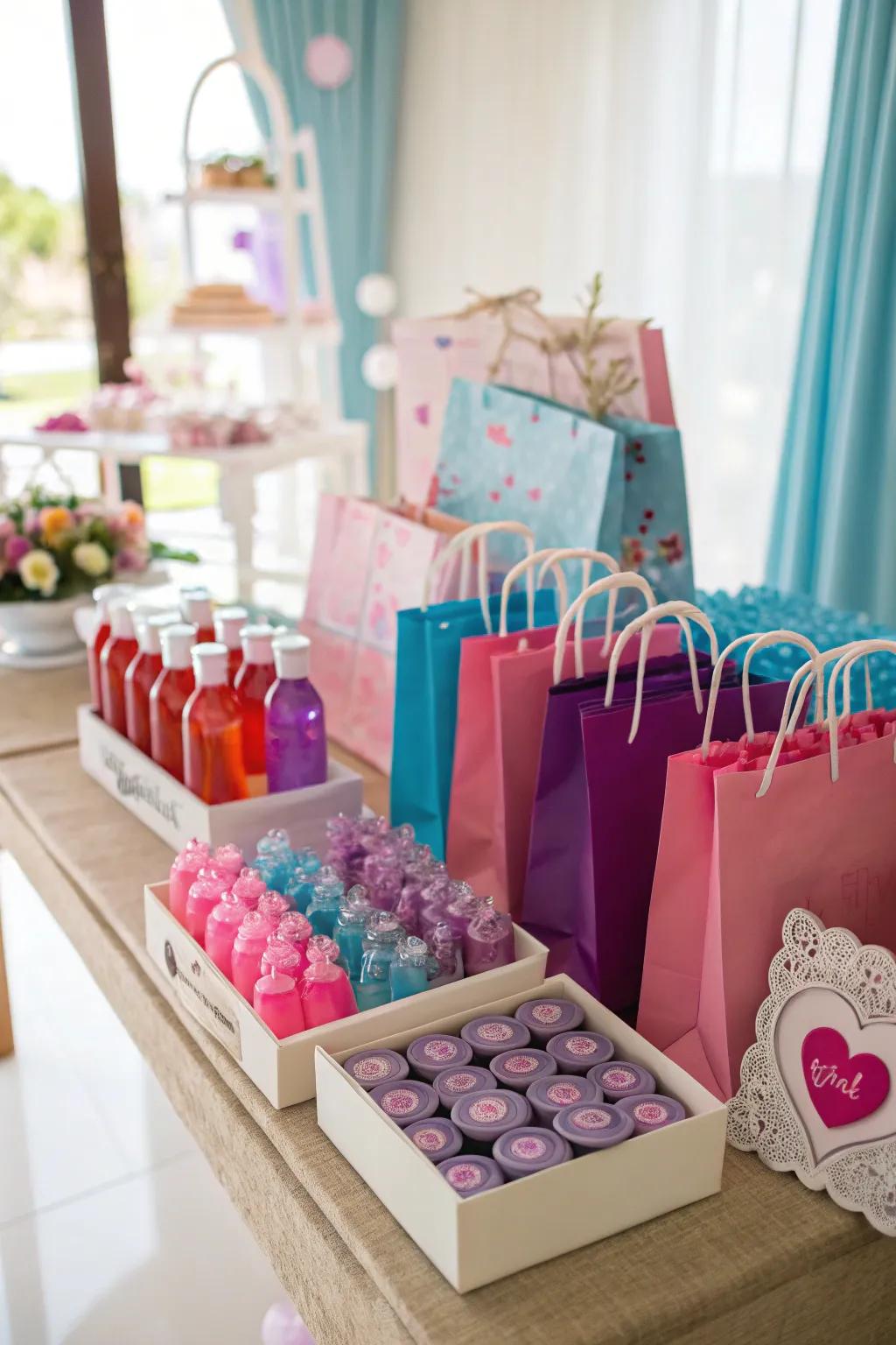 A table laden with rainbow-themed favors, each a token of joy for wedding guests.