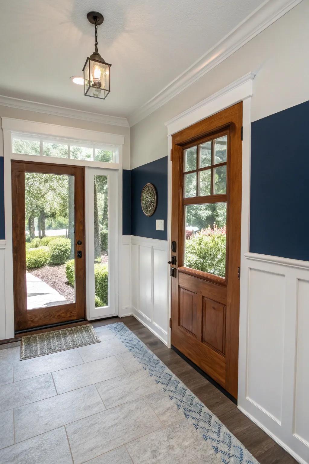 A two-tone wall effect adds depth and makes the entrance area more visually interesting.