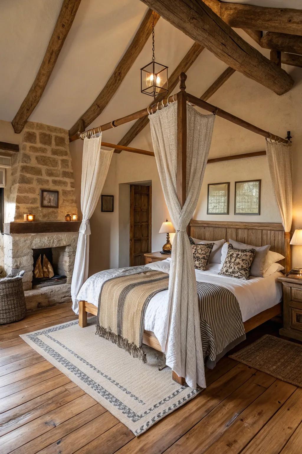 A bedroom showcasing a canopy bed with countryside design accents.