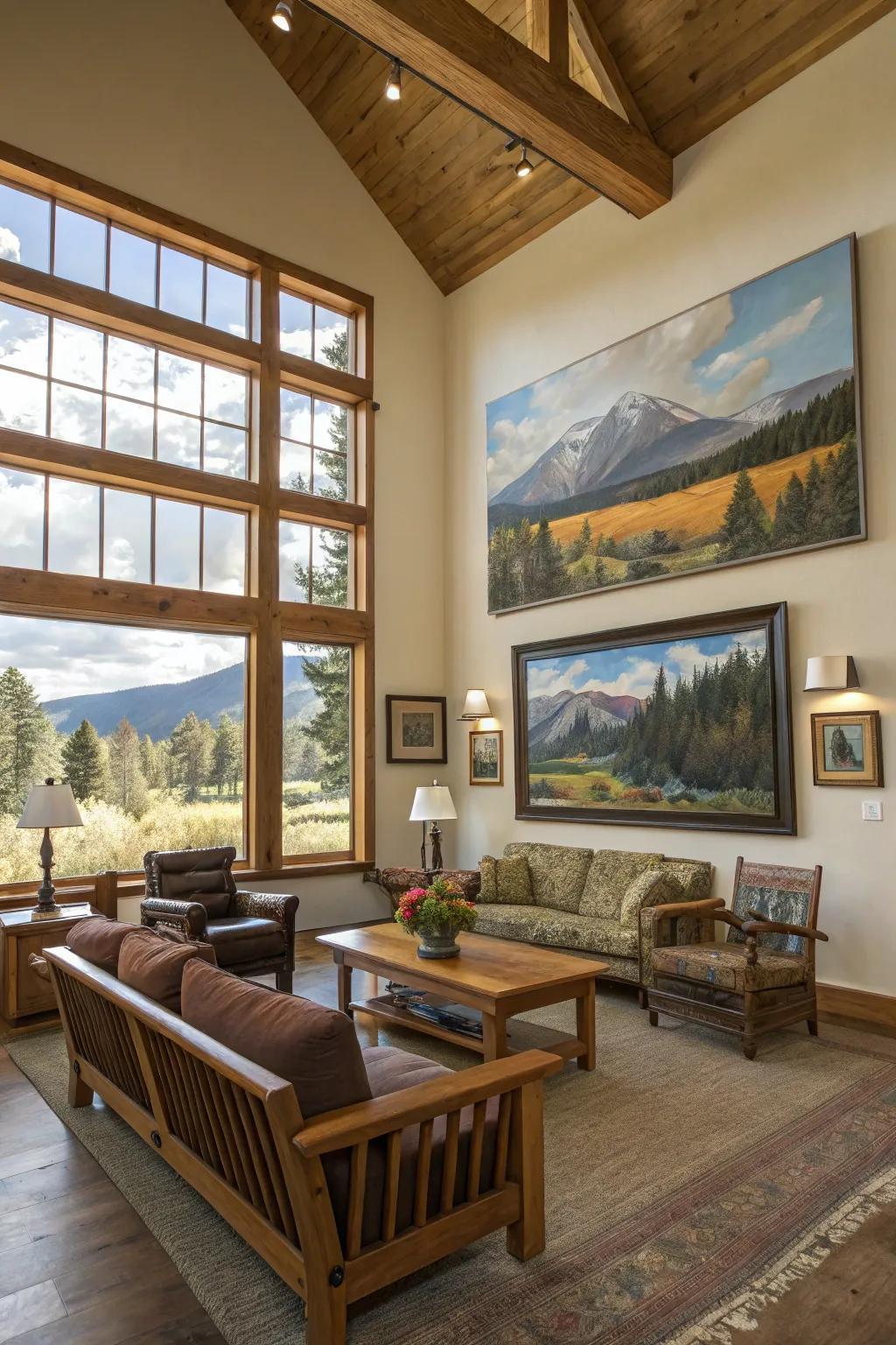 Art inspired by nature enhances the ranch-style aesthetic.