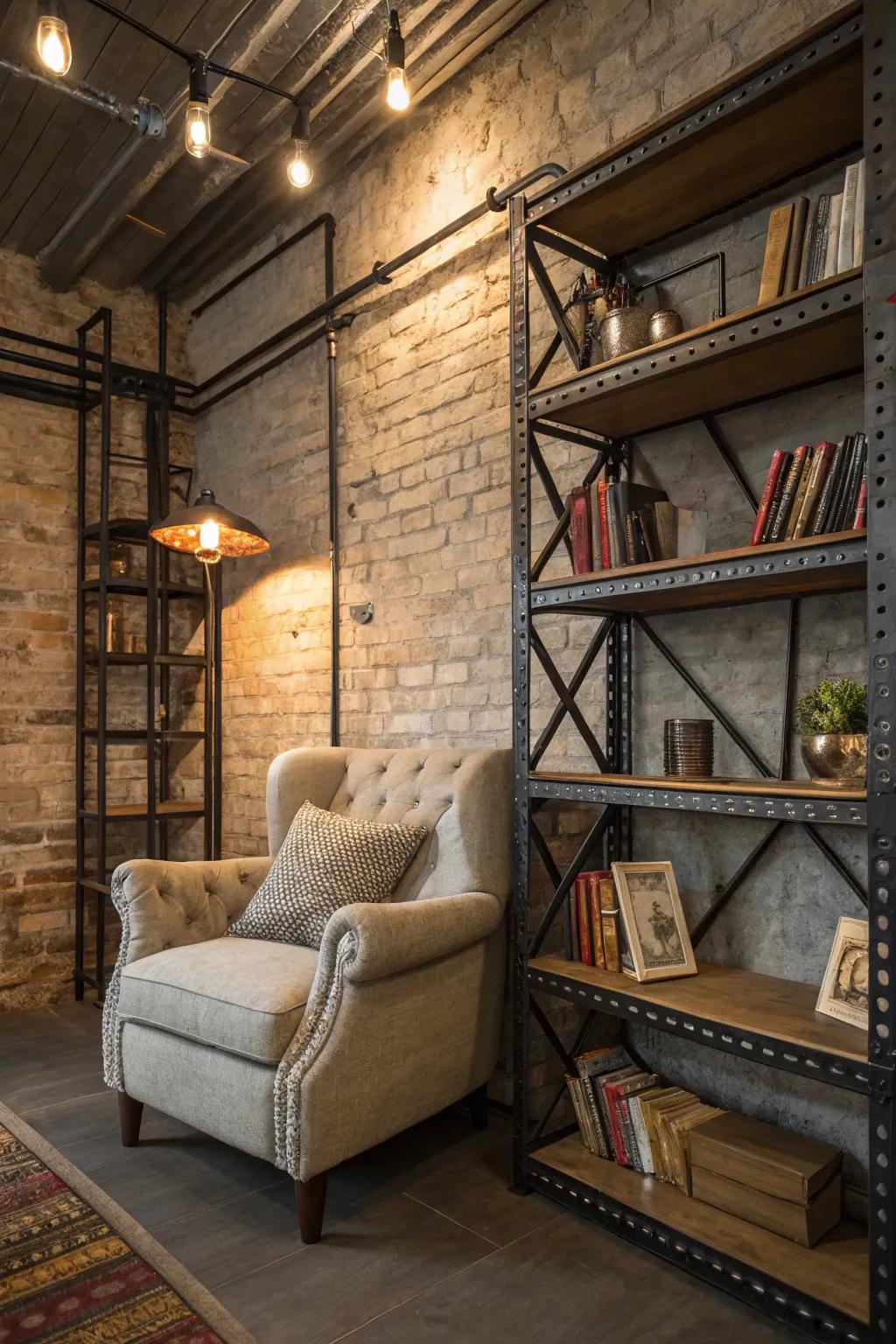 An industrial-themed reading nook that brings coziness.