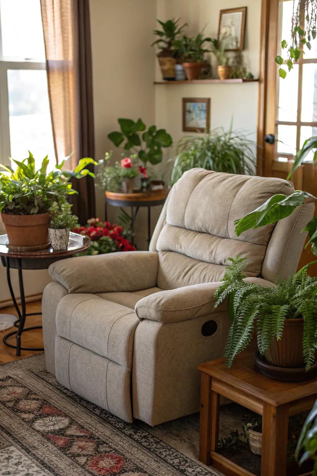 A vibrant living area with plants complementing the reclining sofa.