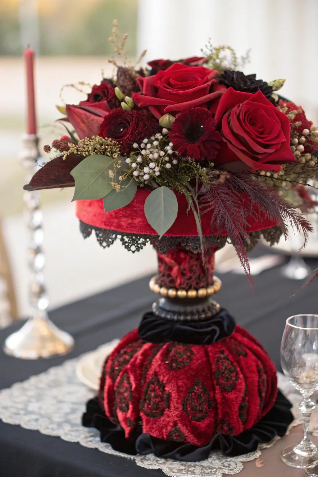 A rich centerpiece uniting velvet and lace in scarlet and obsidian for refinement.