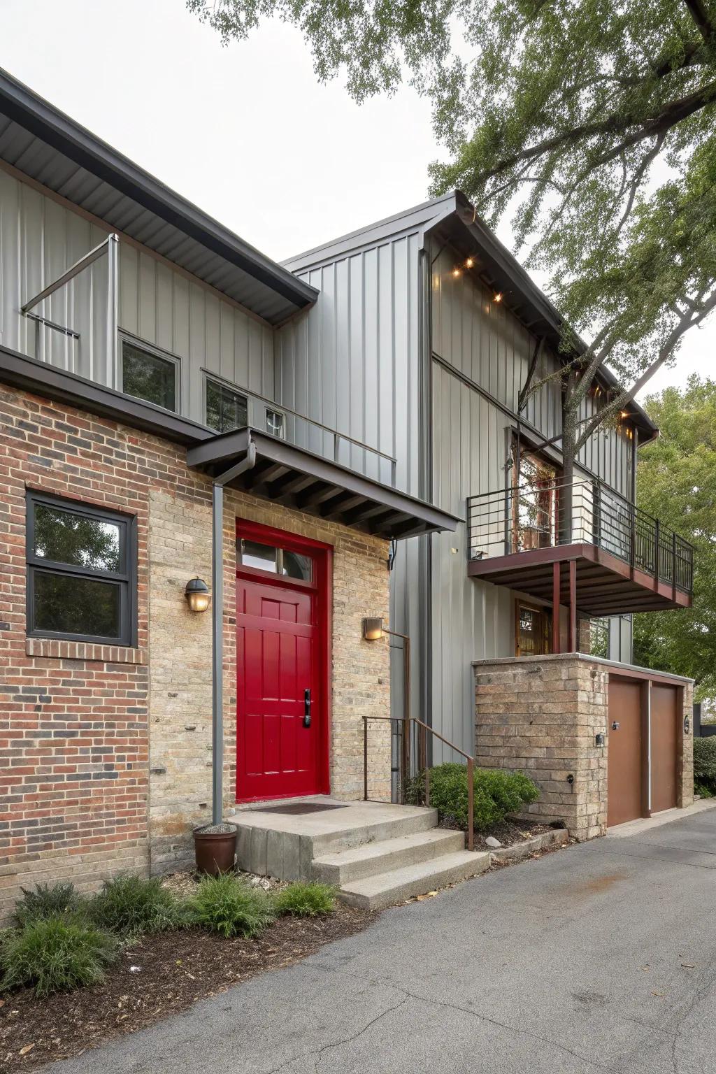 Industrial home featuring a crimson door, adding warmth to the edgy design.