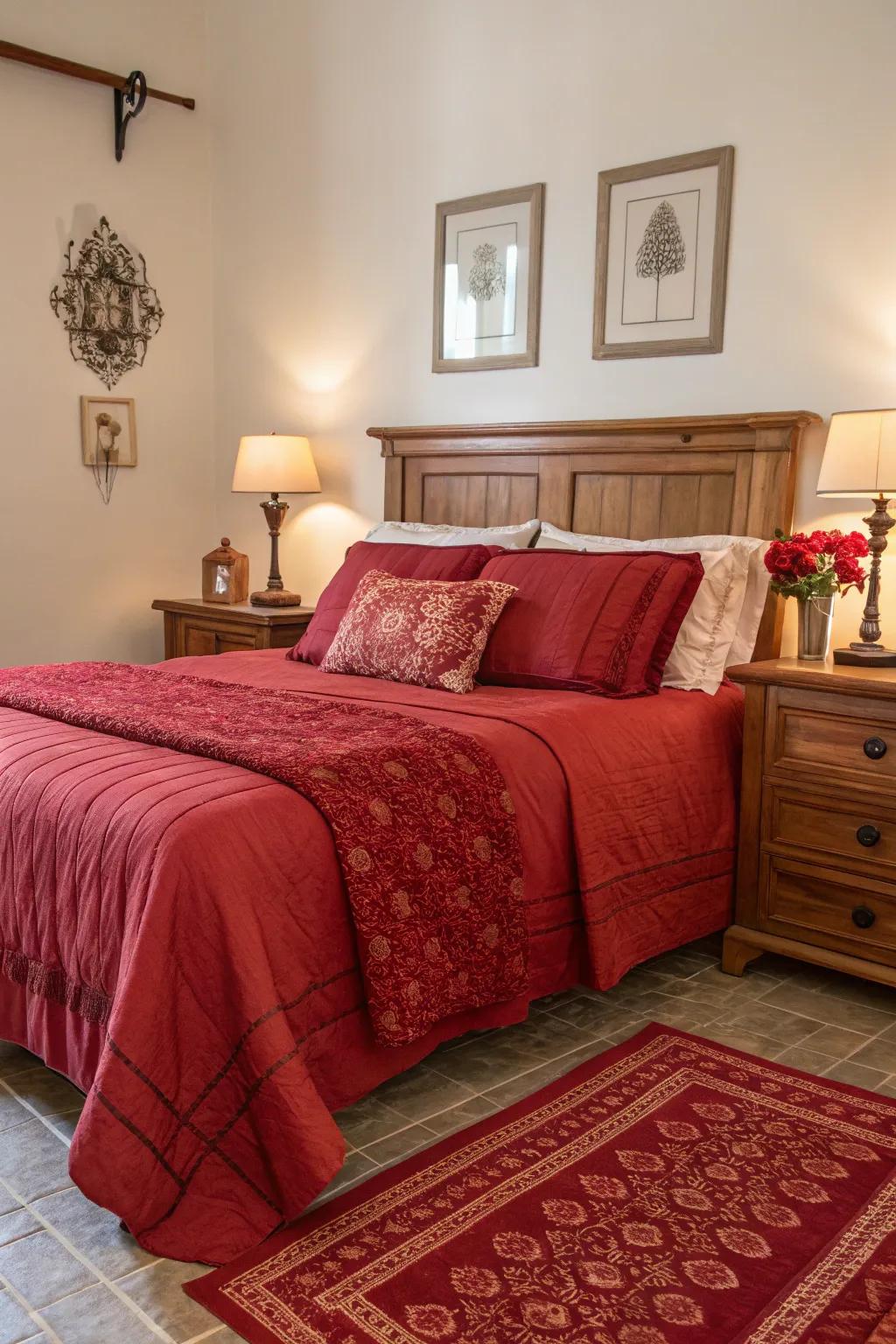 Crimson bedding introduces warmth and a pop of color to this cozy bedroom.