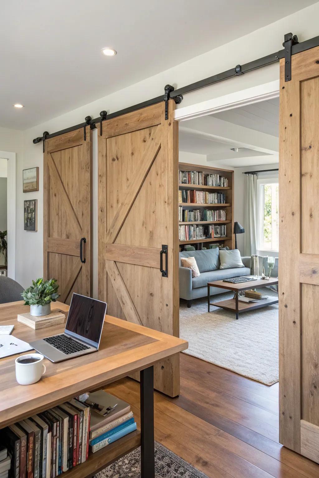 Divide your spaces with style using multi-use screens like barn doors.