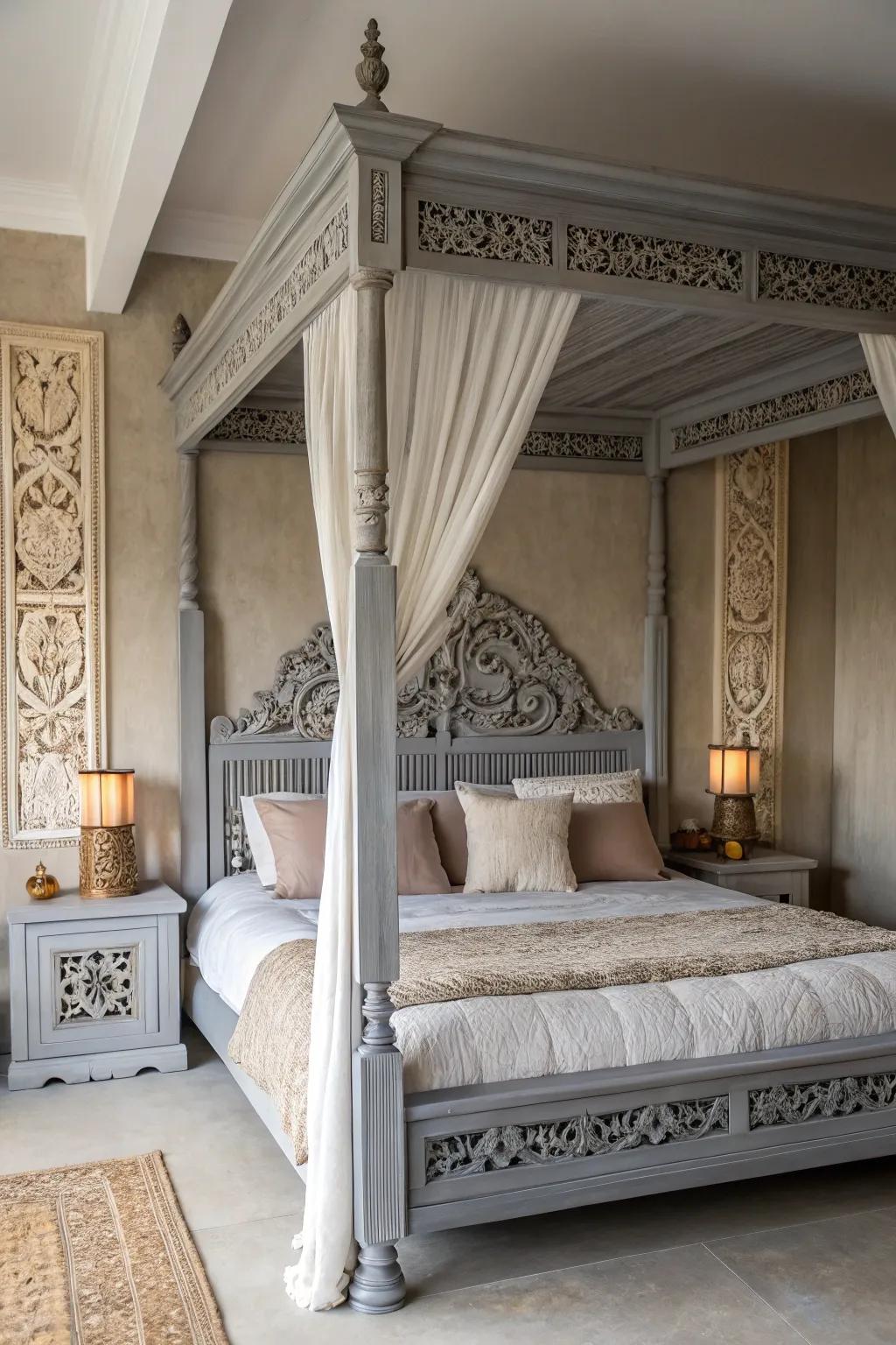 A unique bedframe becomes the core point of a serenity shade bedroom.