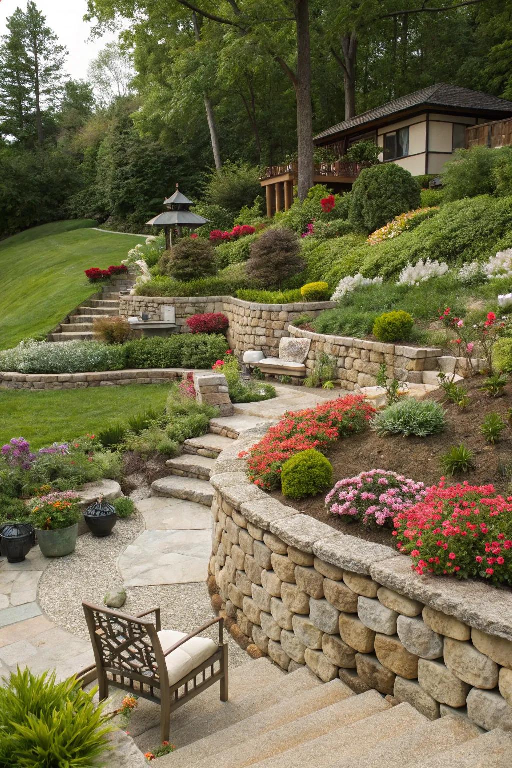 A garden creatively divided into themed sections using supporting structures.
