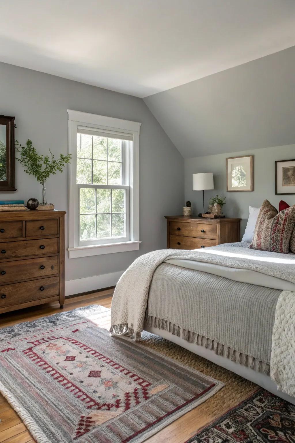 Layered rugs add comfort and visual interest to a Gentle Gray bedroom.