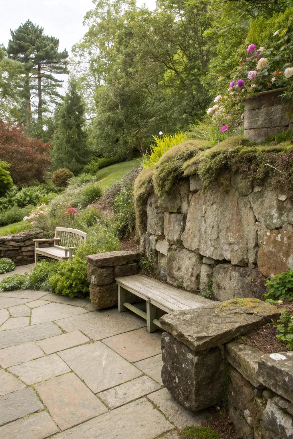 Integrated seating with stone walls offers functionality and allure.