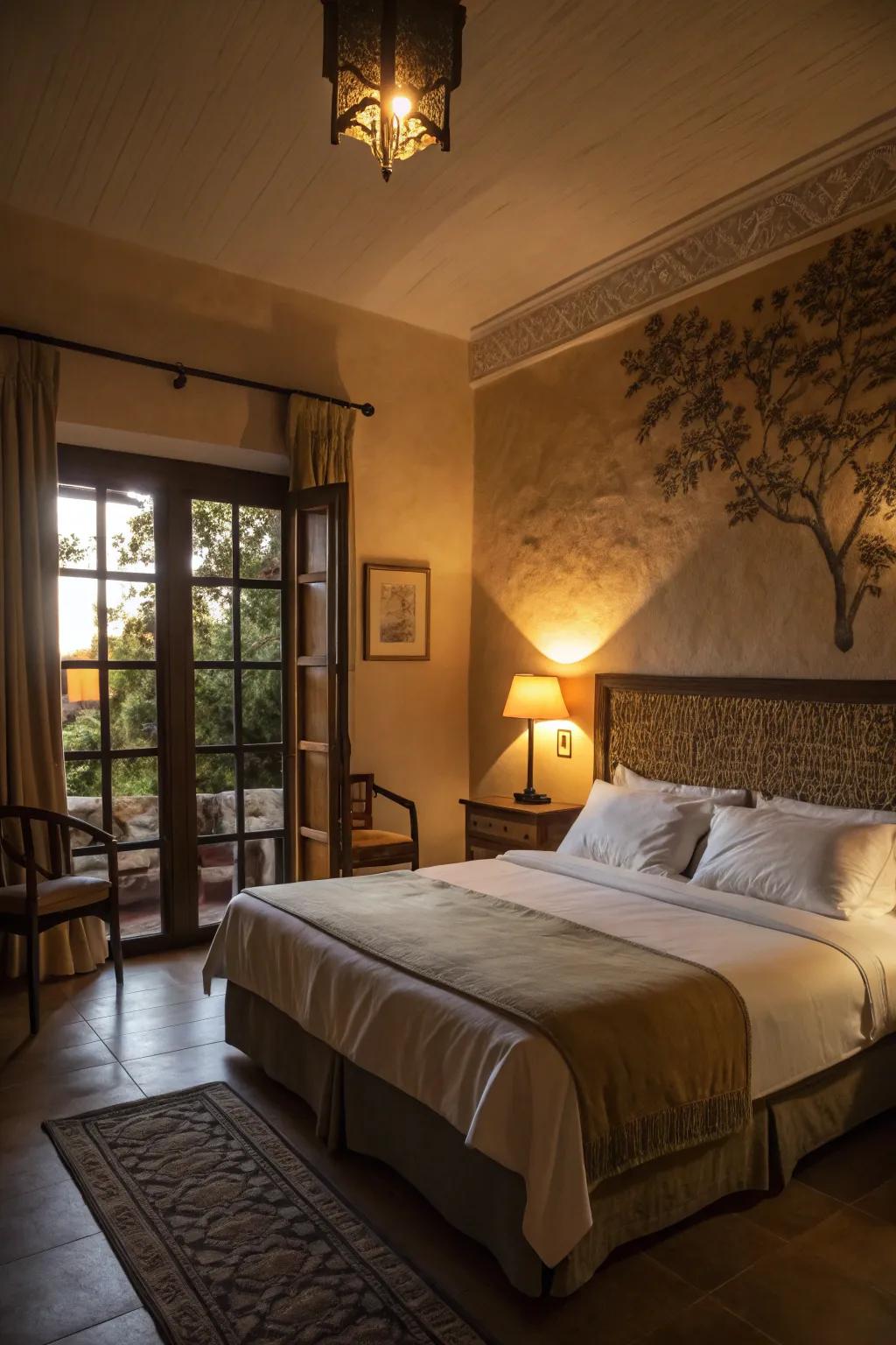 Deep shadows and subtle lighting create a personal sanctuary within the sleeping quarters.