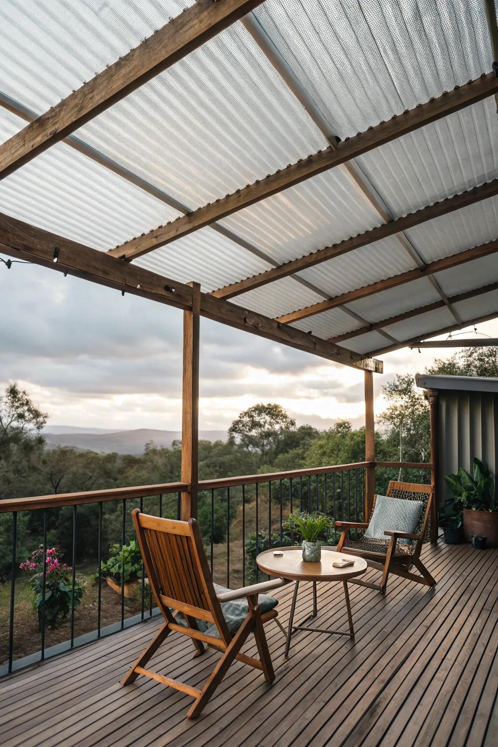 Ribbed plastic rooftops offer an affordable and practical deck covering.