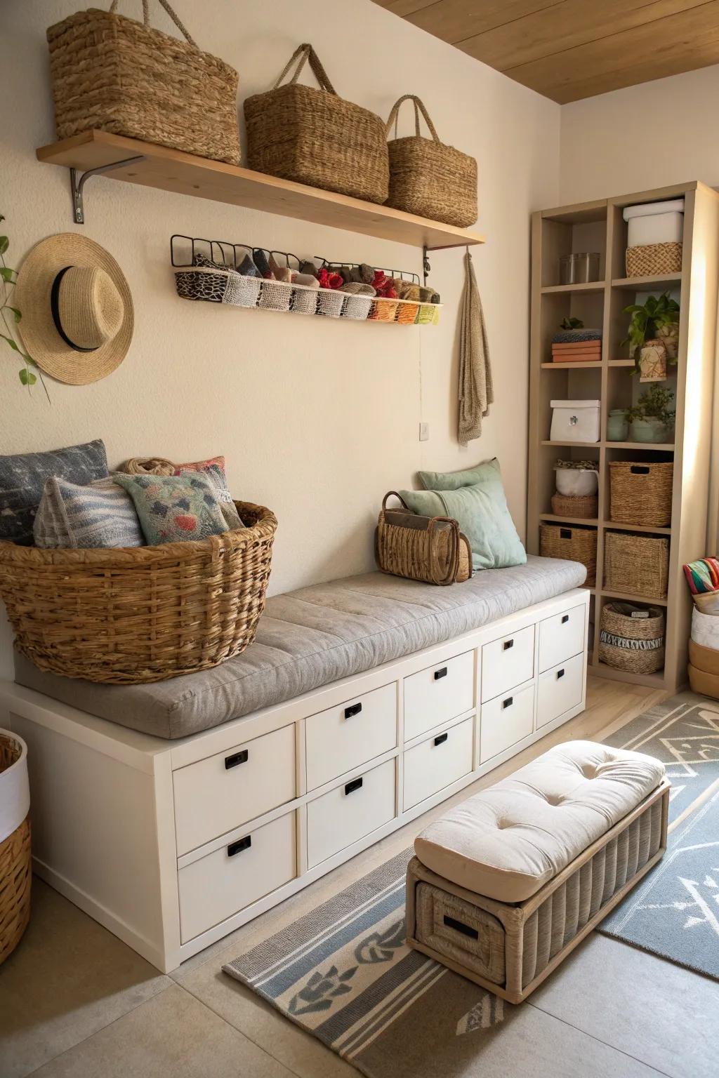 A stylish room with smart and creative storage solutions.