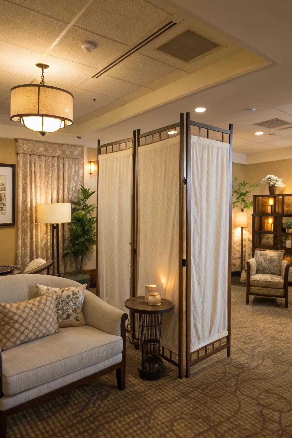 Textile screens provide a lightweight, colorful approach to partitioning and enhancing spaces.