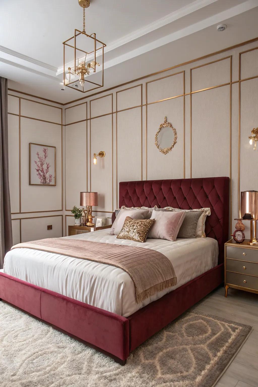 A burgundy bed frame serves as a bold centerpiece in the bedroom.