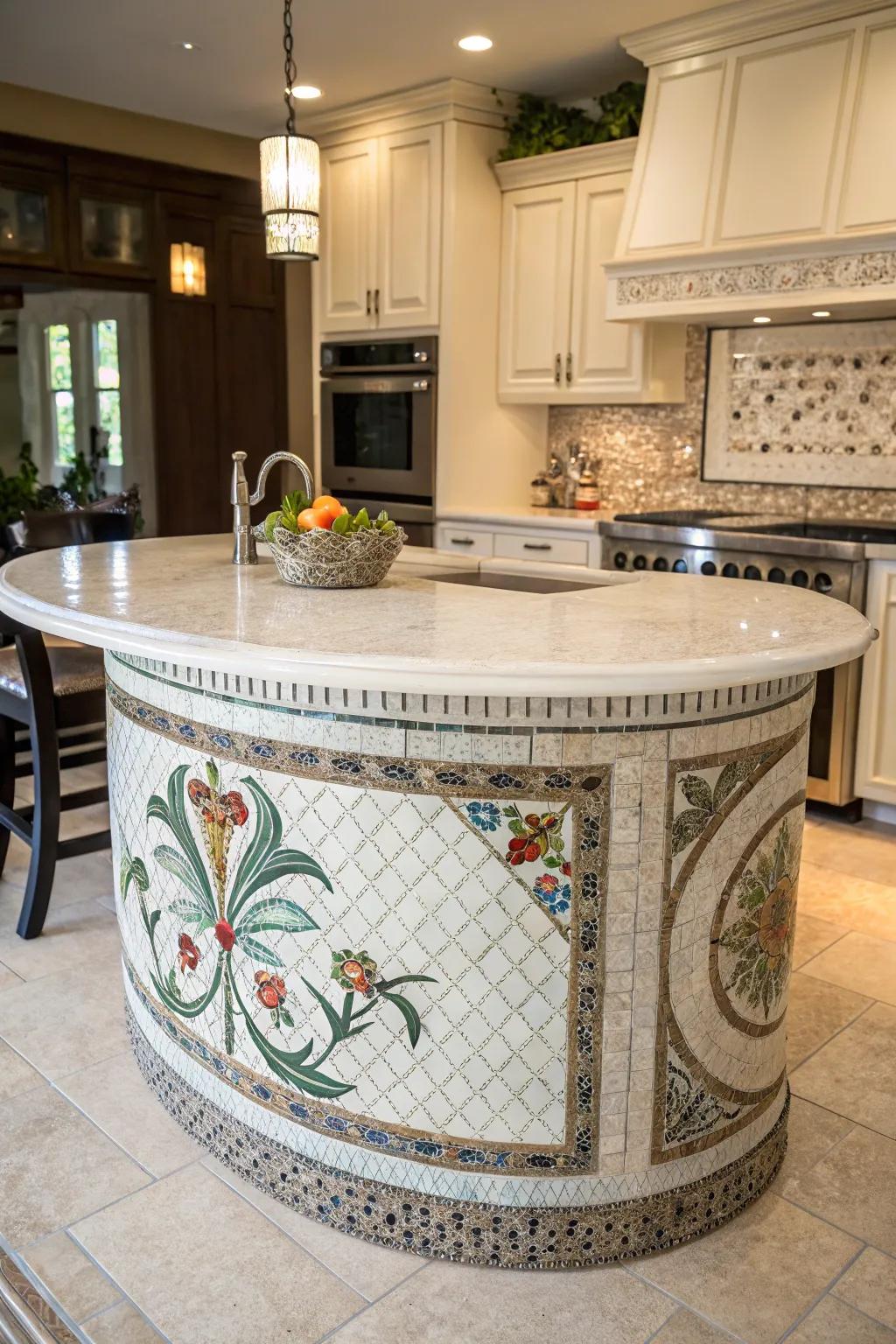 Artistic impressions individualize and elevate a circular kitchen centerpiece.