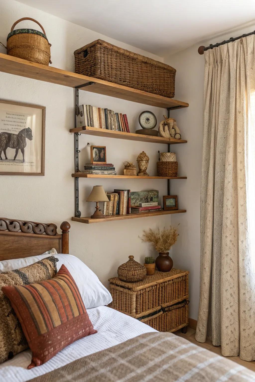 Mounted shelves free up space and add appeal.