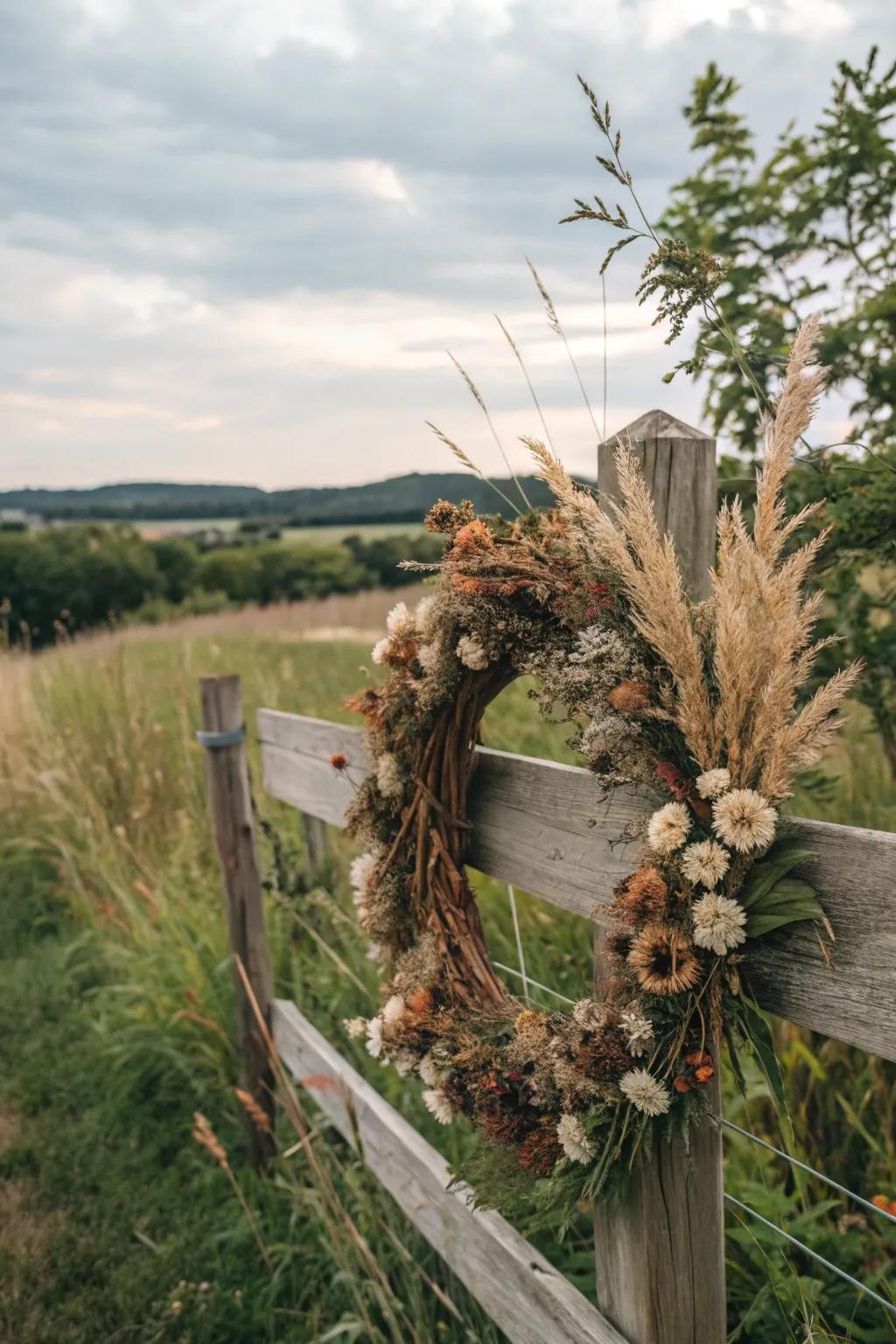 Gathered seedheads and dehydrated flowers create a nature-inspired ring.
