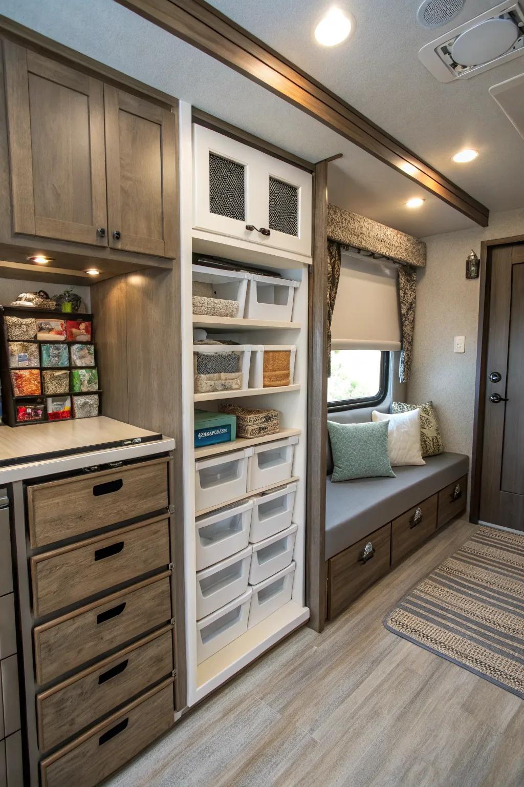 Distinctive storage solutions optimize space and efficiency.