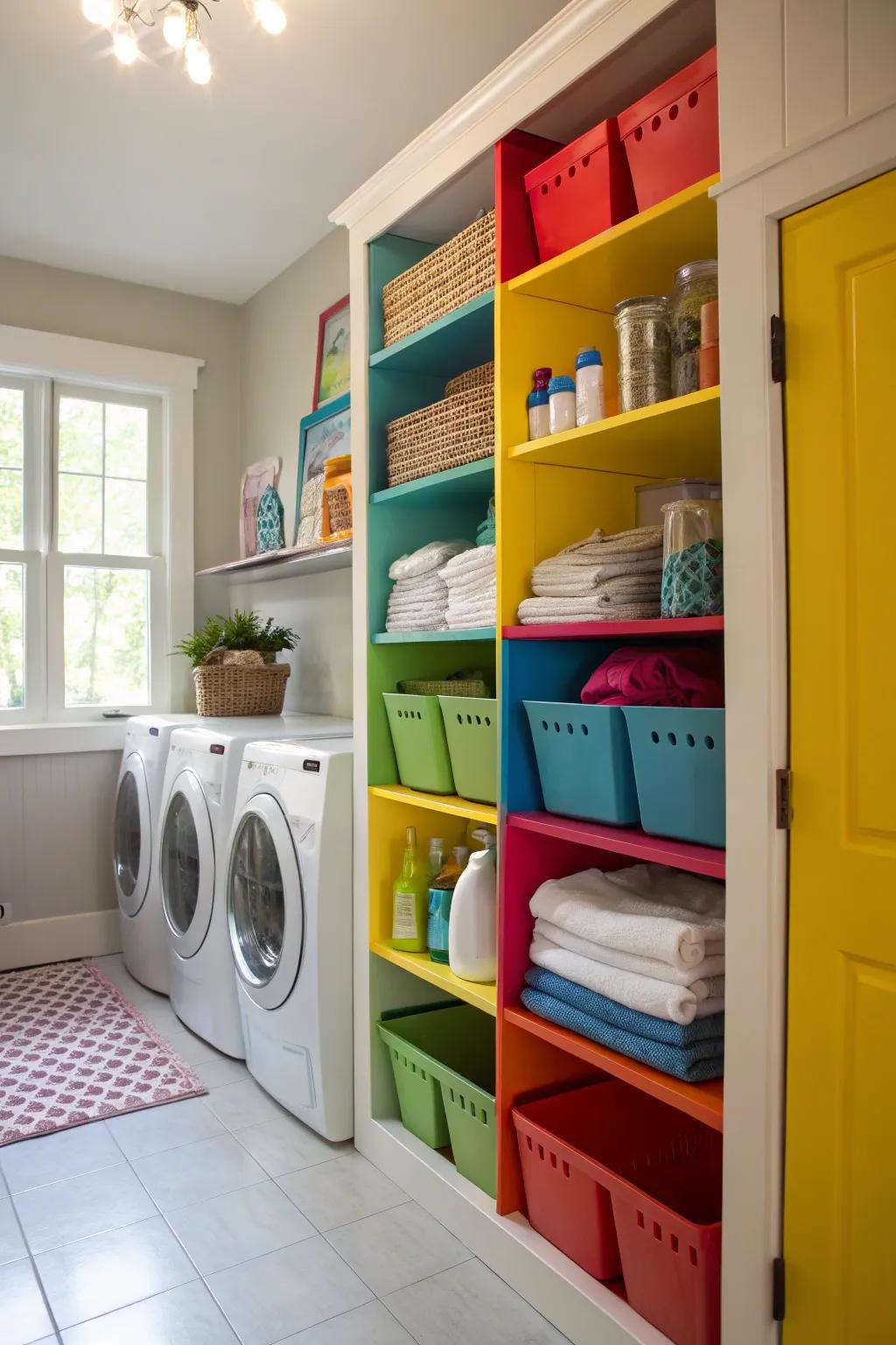 Boldly painted shelves add a splash of color and individuality.