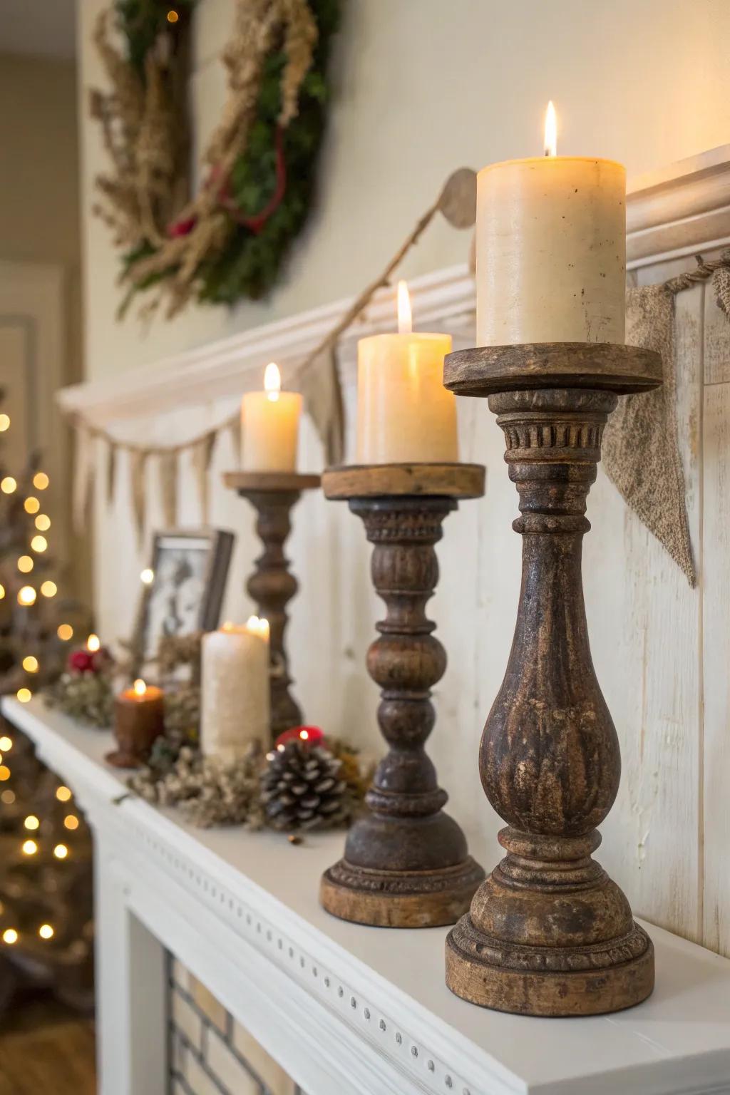 Country candle stands set a flickering ambiance on this fireplace.