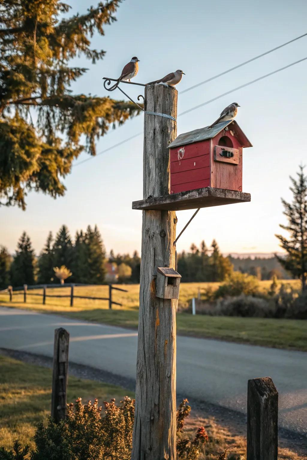 A unified aviary home introduces heart and liveliness to this mail design.