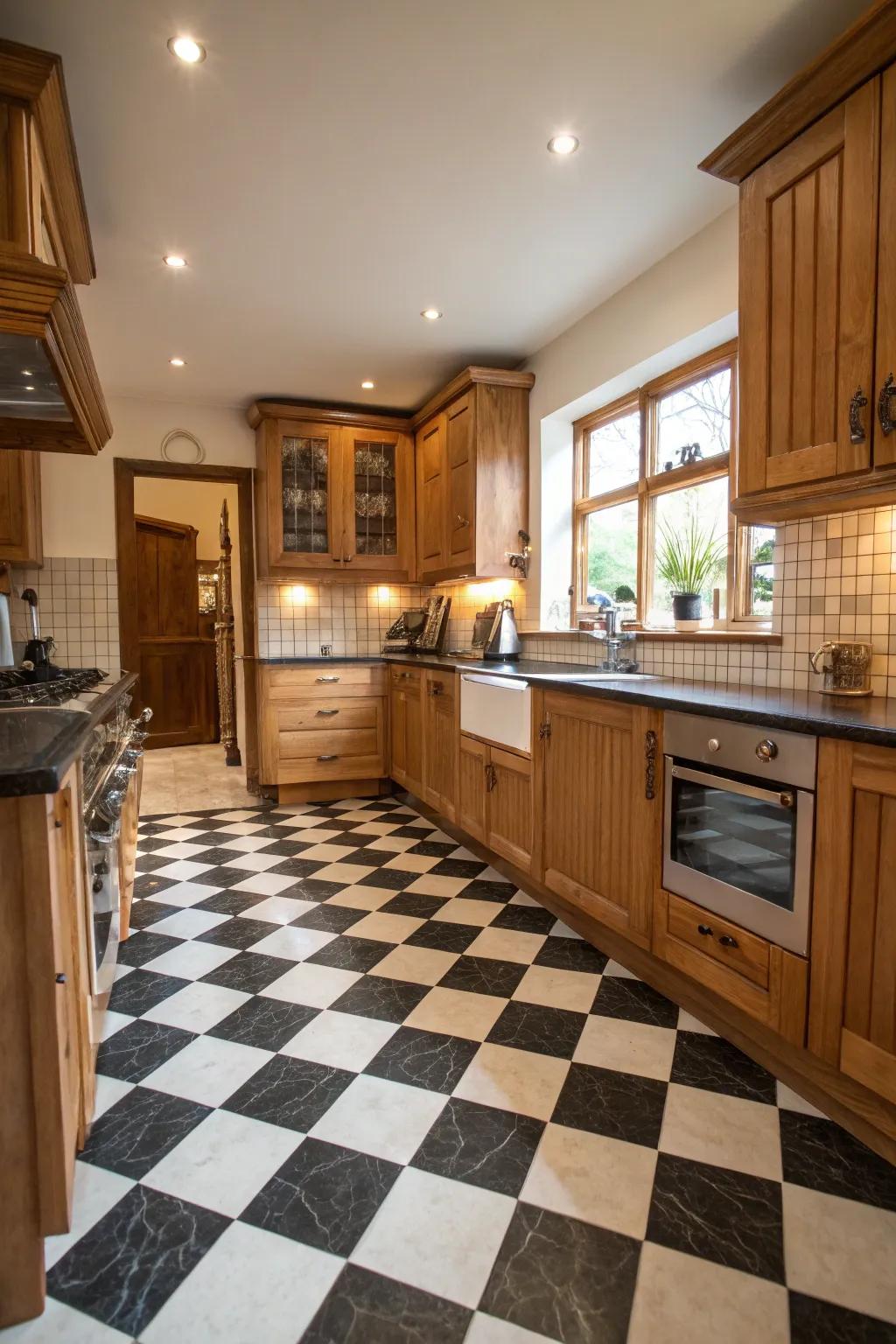 Checkered floors introduce classic charm to this farmhouse kitchen.