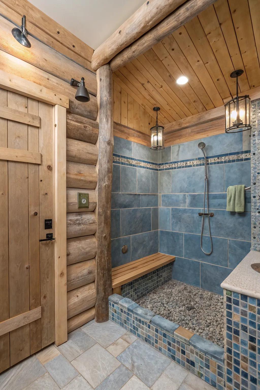A rustic shower featuring subtle blue accents that add a calming modern touch.