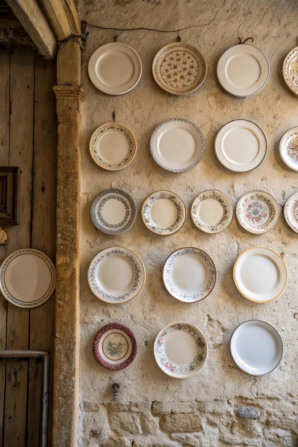 A symmetrical arrangement of plates brings elegance to countryside wall design.