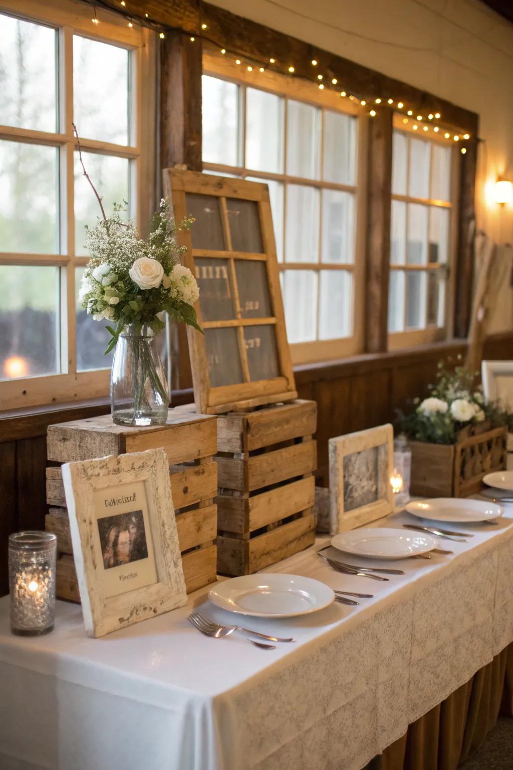 Repurposed aspects adding history and character to the countryside table.