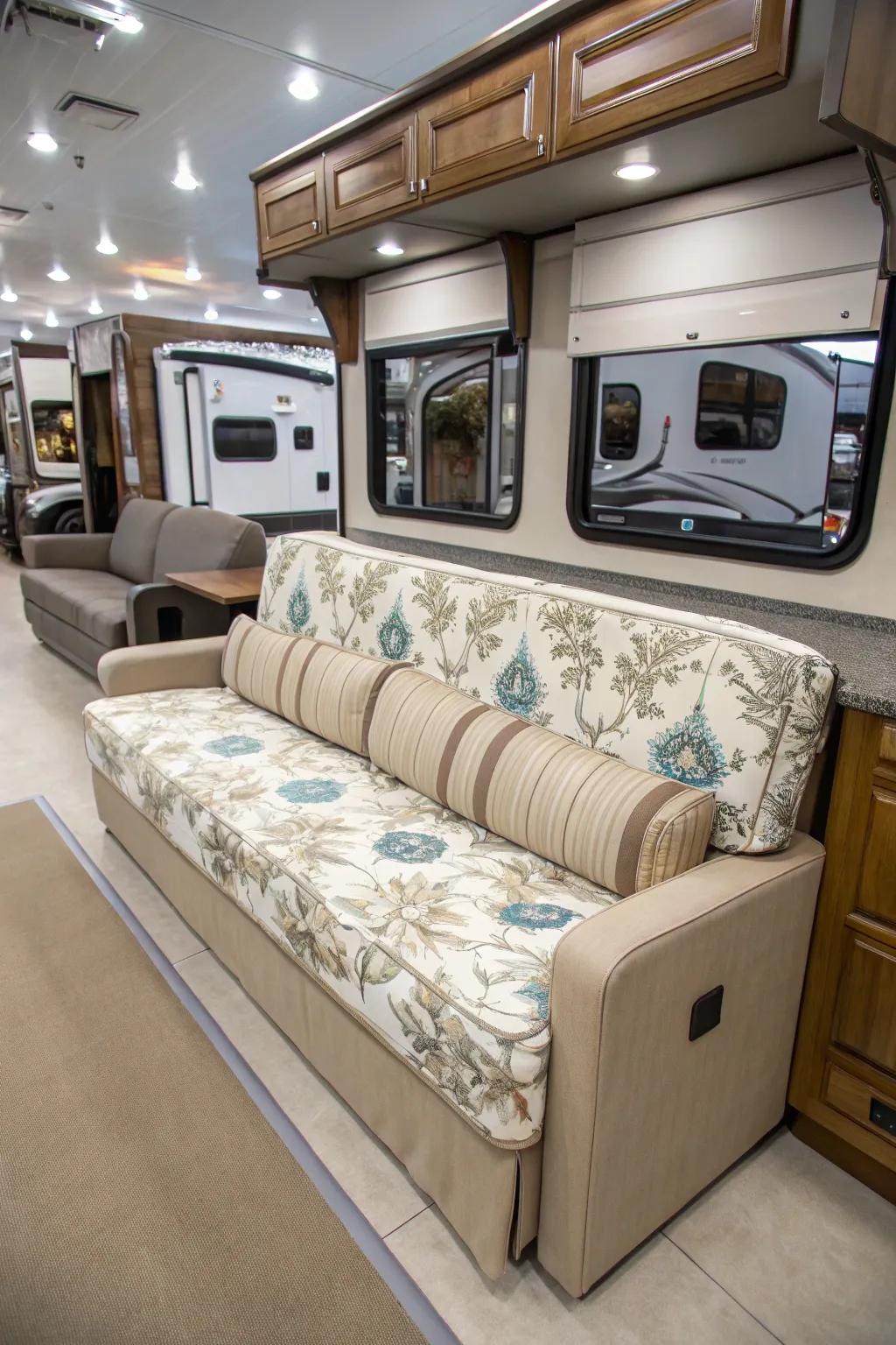Slipcovered couches offer versatile style options for your RV.