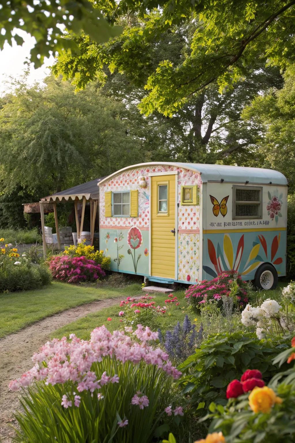 An RV shed with bright colors that brings life to storage.