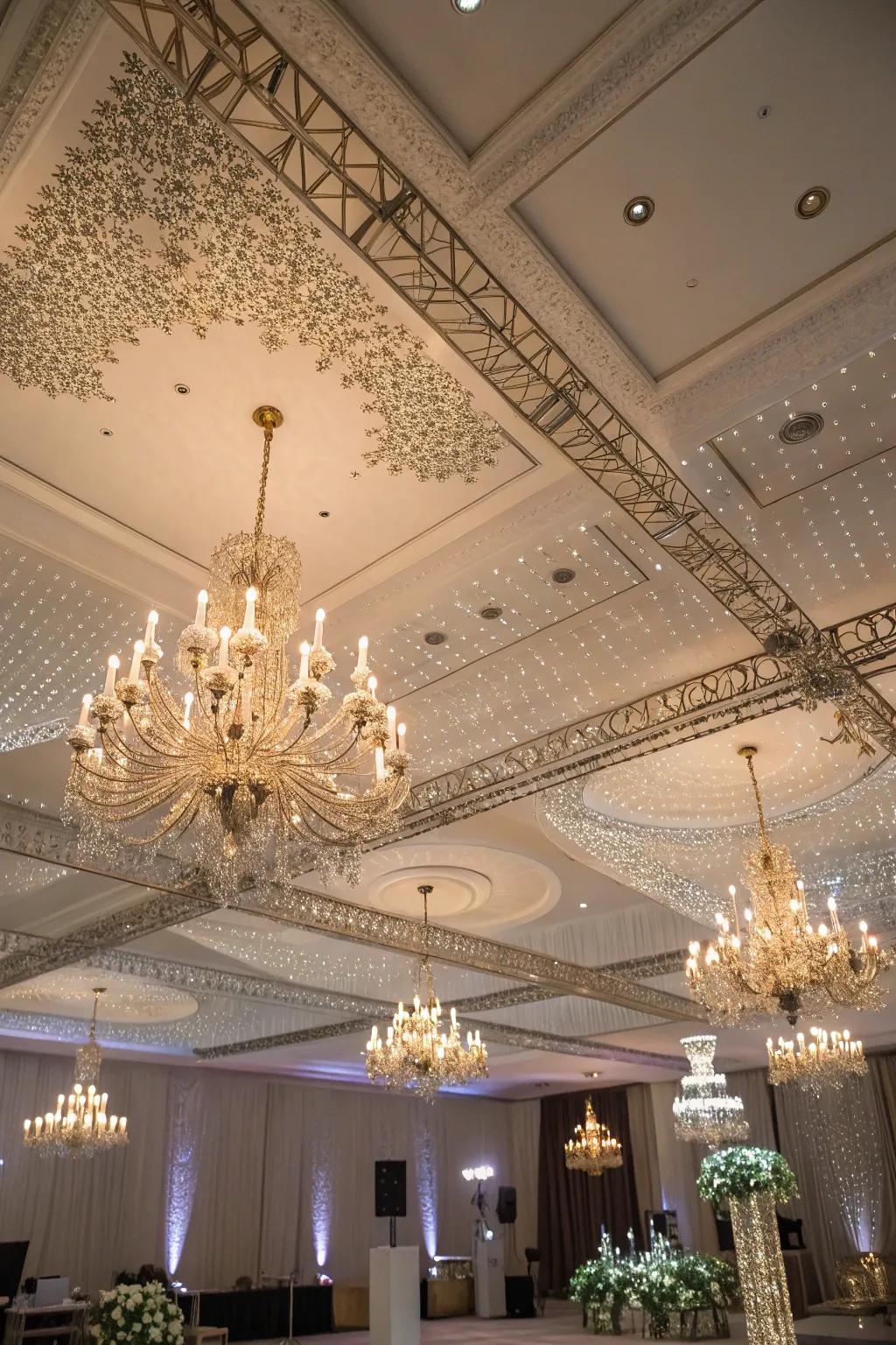 Candelabras and chandeliers glamorize.