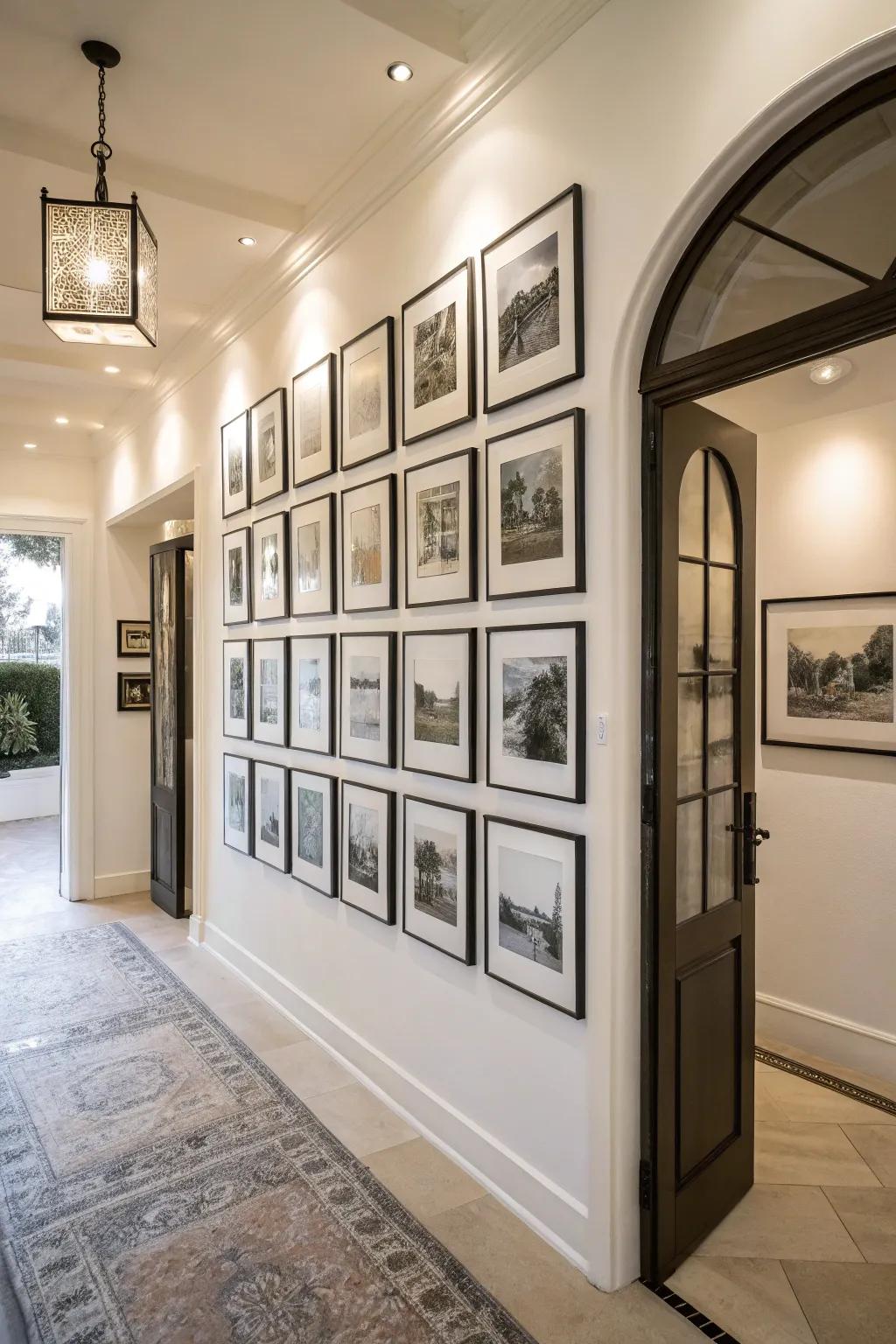 An entrance area exhibiting a monochrome gallery of monochrome prints