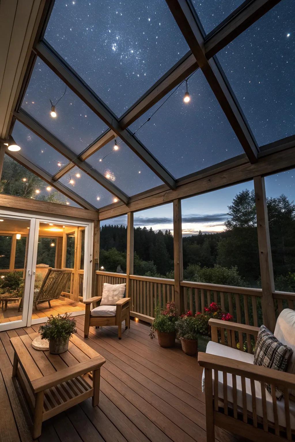 Skylights on a porch bring a sick view of the skies.
