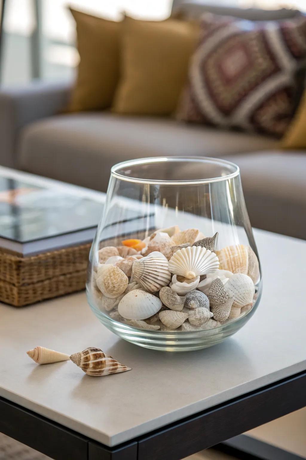 A vase overflowing with seashells effortlessly accentuates coastal decor.