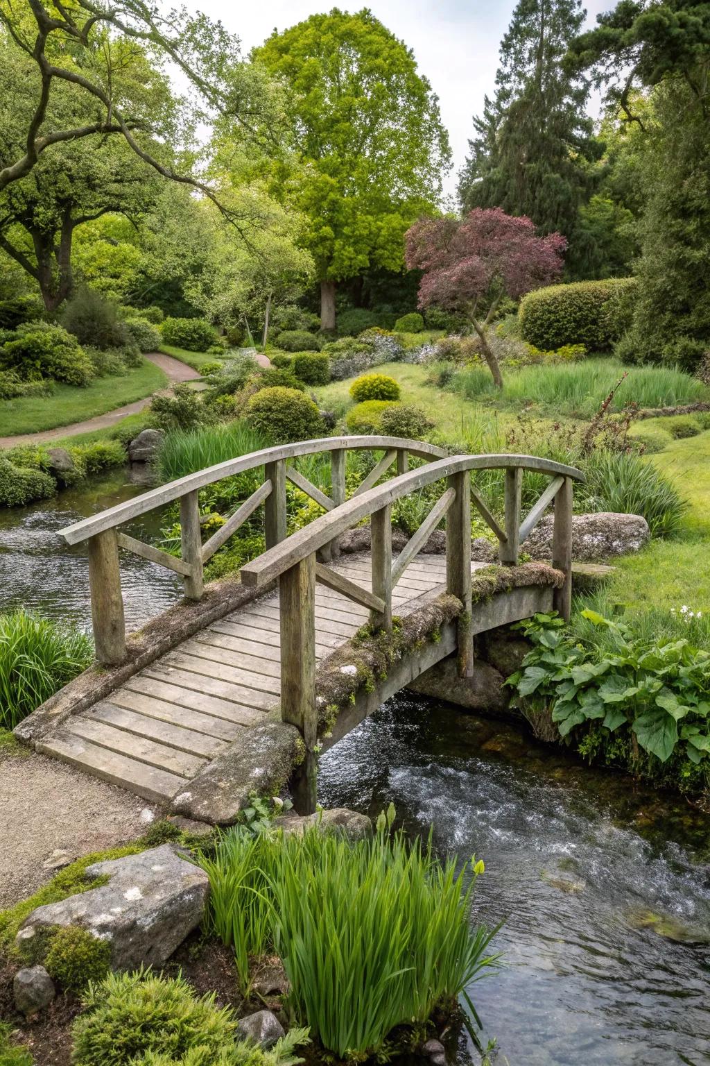 Impart storybook enchantment through an earthy footbridge.