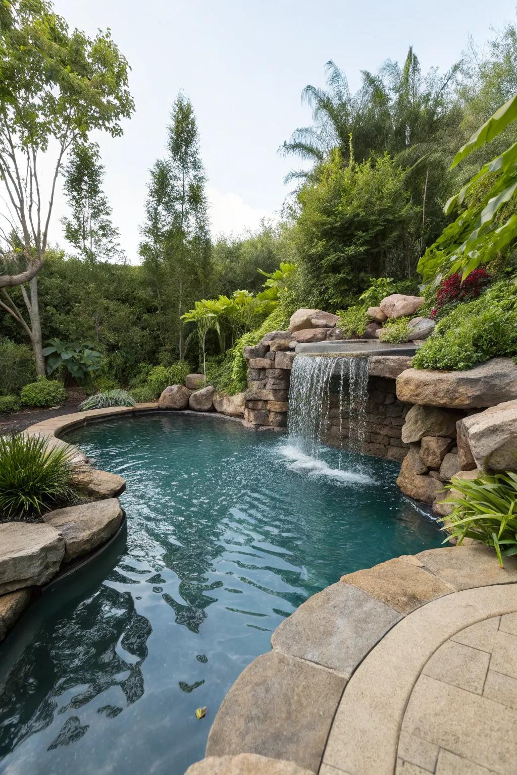 A semi-inground pool with a calming waterfall that enhances relaxation.