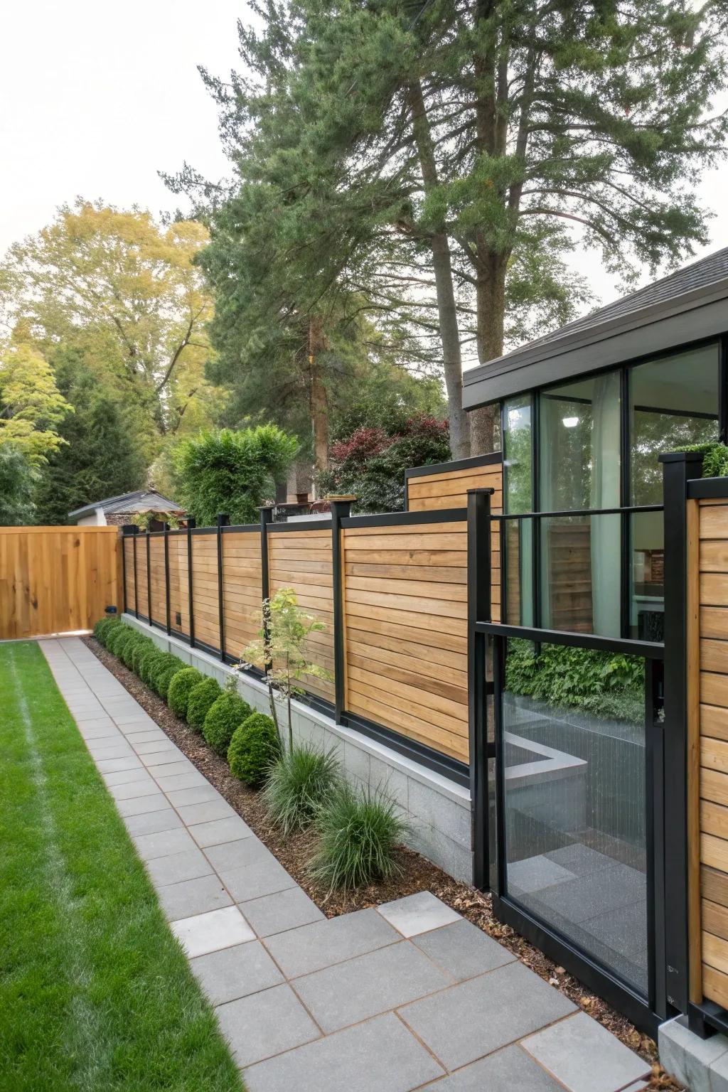 A blended media fence introduces layers and intrigue to this chic outdoor setting.