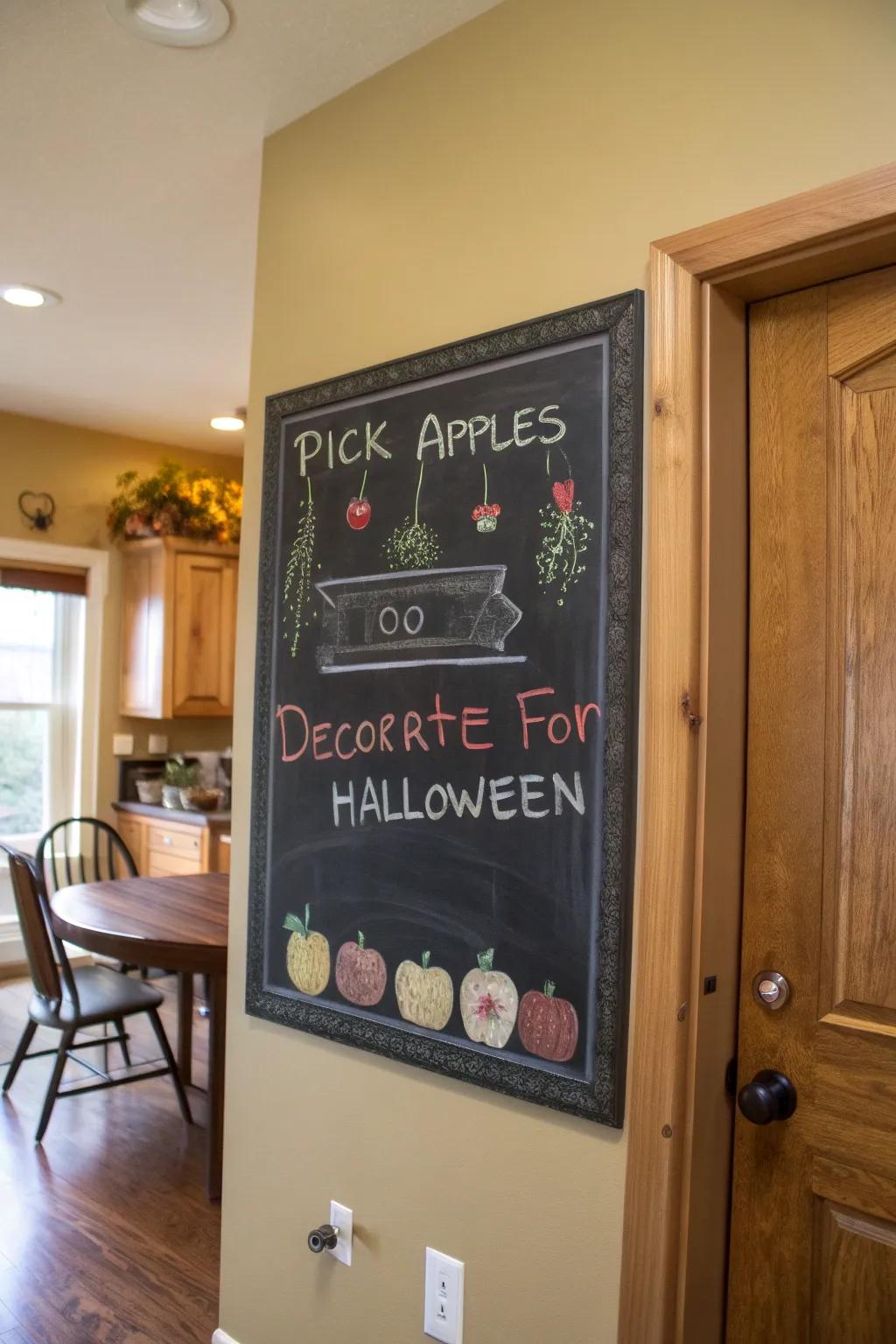 A kitchen wall featuring a chalkboard with a fall-themed to-do list.