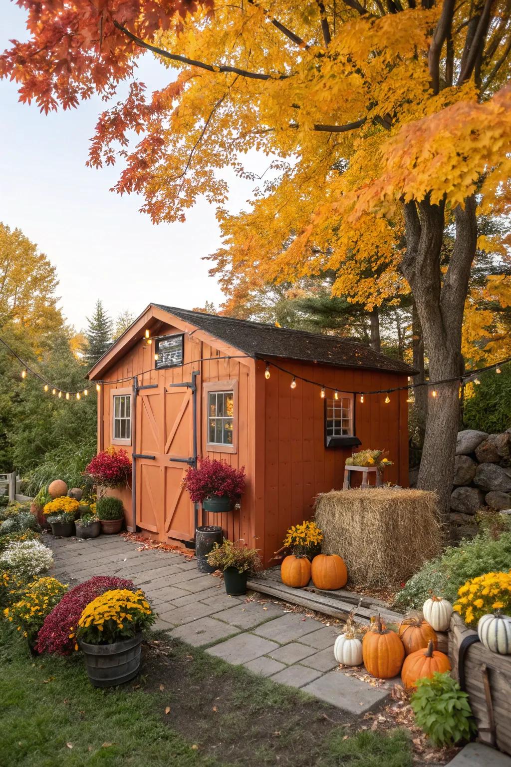 Burnt orange sheds bring an autumnal radiance and warmth to your garden.