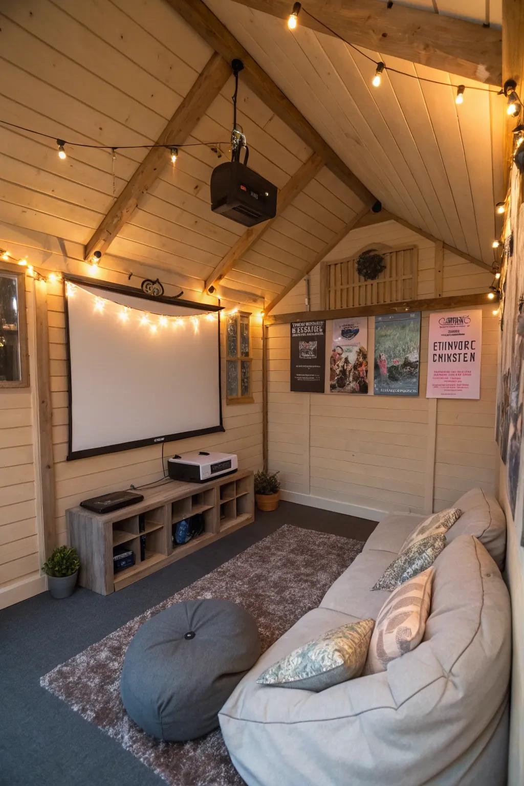 A shed transformed into a cozy home theater.
