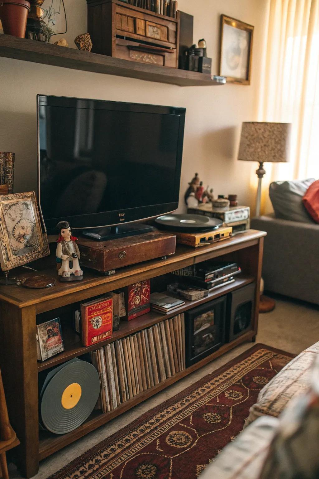 Retro decor appends warmth and nostalgia above the TV.