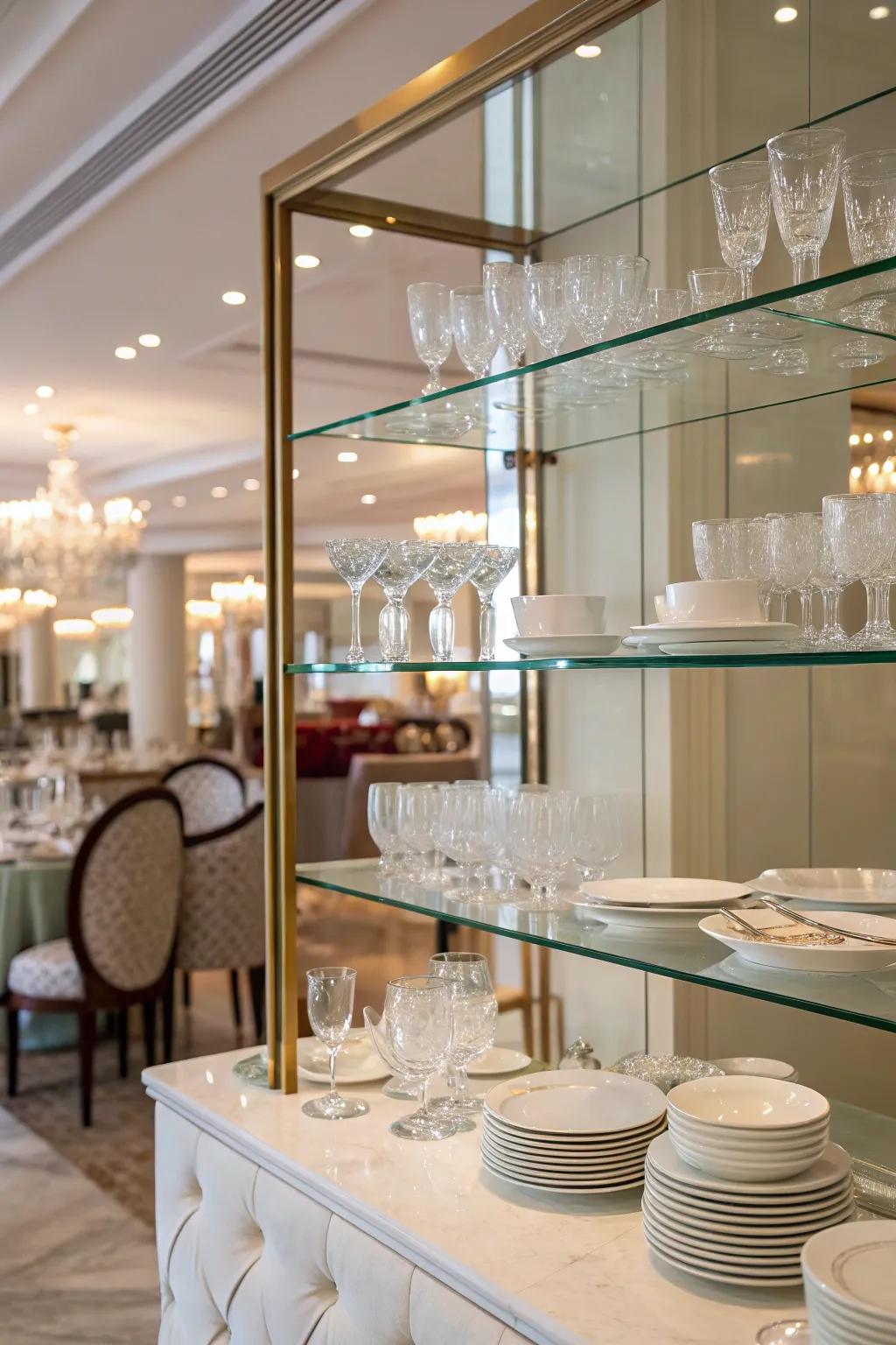 Enriching dining room décor through hints of luxuriousness using clear shelves.