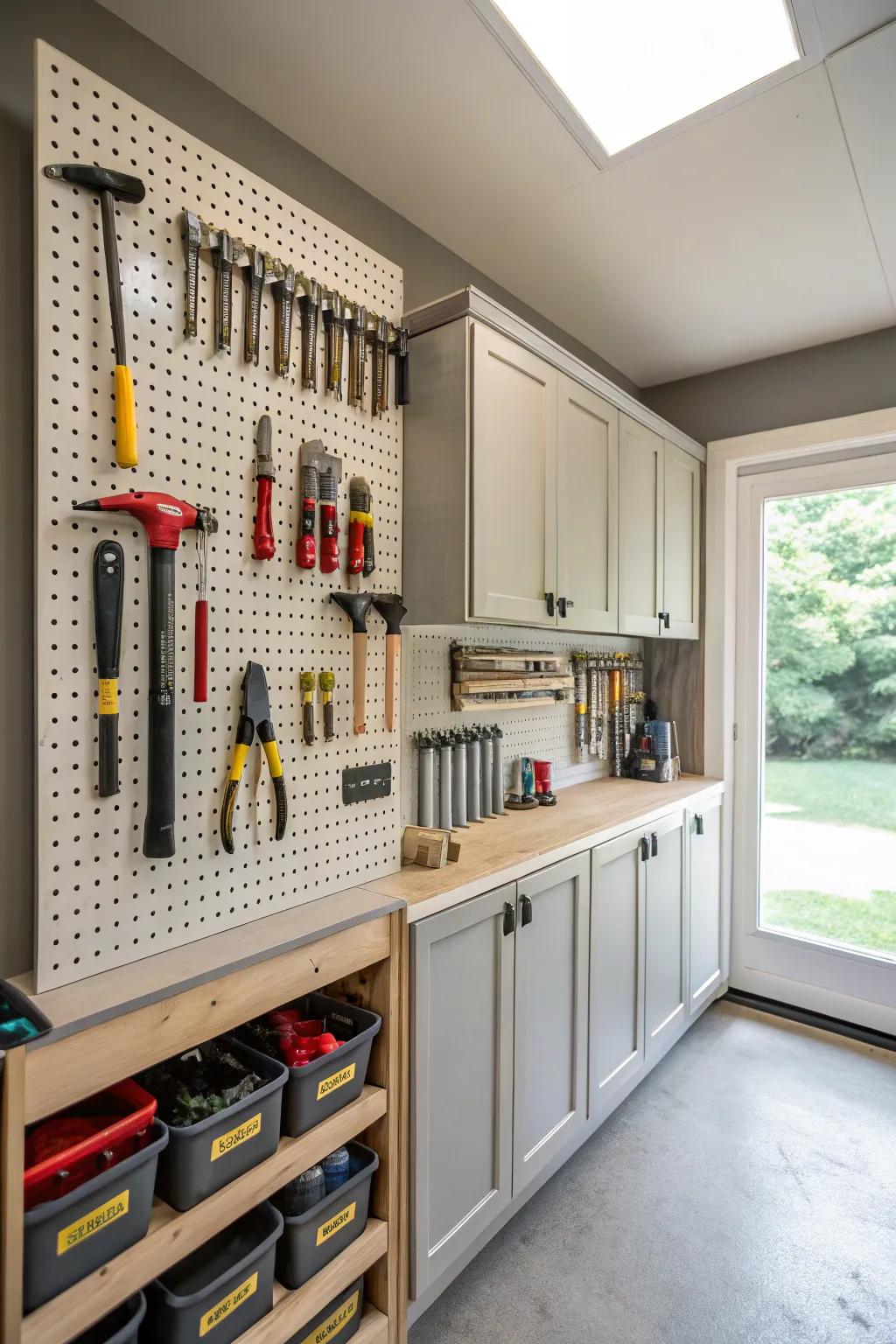 Pegboard integrated into utility room shelving, providing flexible and organized storage for tools.