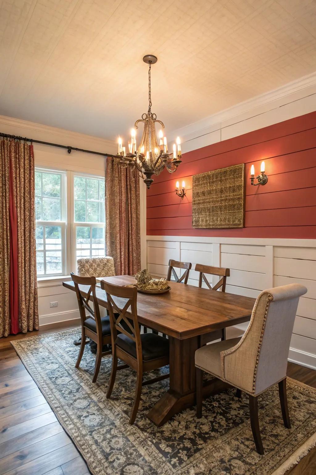 A dining room showcasing an unexpected color pop and shiplap walls.